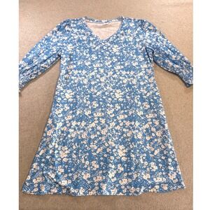 Wiholl Floral V-Neck Dress Womens L Blue White Smocked 3/4 Sleeve Excellent